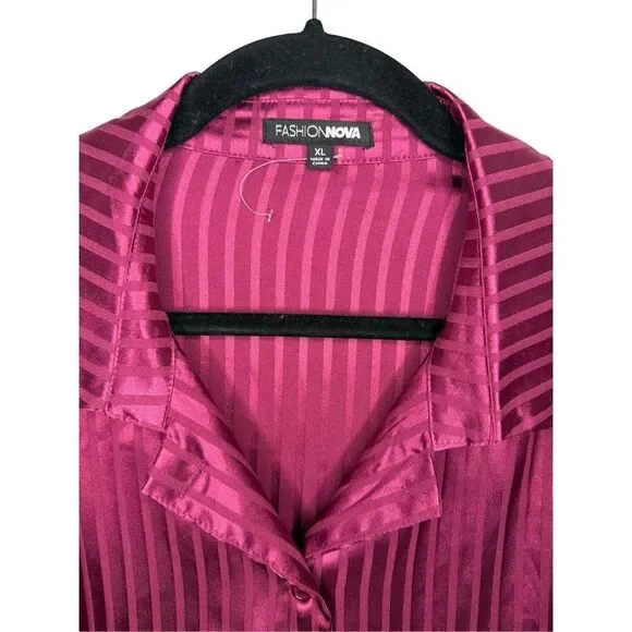 Fashion Nova Women’s XL Stripe This Way Satin Shirt Burgundy NEW - Picture 6 of 8
